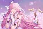  1girl bare_shoulders bell breasts elbow_gloves elf elysia_(herrscher_of_human:ego)_(honkai_impact) elysia_(honkai_impact) falling_petals gloves hair_between_eyes honkai_(series) honkai_impact_3rd long_hair looking_at_viewer open_mouth own_hands_together petals pink_eyes pink_hair pink_pupils pink_sky pointy_ears shirt sky smile solo teeth triquetra upper_body upper_teeth_only very_long_hair white_gloves white_shirt white_veil yeonpoppu 