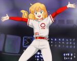  1girl baseball_uniform blonde_hair character_request green_eyes haruyama_kazunori hat long_hair looking_at_viewer melody_patricia_norman miracle_giants_domu-kun open_mouth ponytail smile solo sportswear 