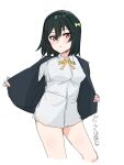  1girl absurdres black_jacket blush bottomless breasts closed_mouth collared_shirt green_hair hair_between_eyes hair_ribbon highres jacket looking_at_viewer love_live! love_live!_nijigasaki_high_school_idol_club medium_breasts mifune_shioriko neck_ribbon nijigasaki_school_uniform no_pants poizun_(user_wmgk4287) red_eyes ribbon school_uniform shirt sketch solo translation_request undressing upper_body white_background white_shirt winter_uniform yellow_ribbon 