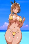  1girl absurdres ass_visible_through_thighs atelier_(series) atelier_ryza atelier_ryza_1 batta_16-sei bikini blue_sky blurry blurry_background braid breasts brown_eyes brown_hair closed_mouth cloud cowboy_shot curvy day gold_bikini groin hair_ribbon highres horizon large_breasts looking_at_viewer micro_bikini navel ocean outdoors reisalin_stout ribbon sky smile solo standing swimsuit tan thick_thighs thigh_gap thighs underboob wide_hips 