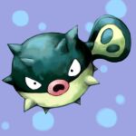  black_eyes d: english_commentary fins fish frown full_body no_humans open_mouth pokemon pokemon_(creature) puffer_fish purple_background qwilfish sailorclef solo spikes 
