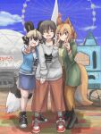  1boy 2girls african_wild_dog_(kemono_friends) alternate_costume animal_ears arm_up bangs black_hair blue_sky boots brown_eyes brown_hair captain_(kemono_friends) casual closed_eyes closed_mouth day dingo_(kemono_friends) dog_ears dog_girl dog_tail extra_ears facing_viewer ferris_wheel hair_between_eyes hand_up hane_(kirschbaum) height_difference highres jacket kemono_friends kemono_friends_3 legs_apart light_brown_hair long_hair long_skirt long_sleeves looking_at_viewer miniskirt multicolored_hair multiple_girls open_clothes open_jacket open_mouth outdoors outstretched_arm pants parted_bangs ponytail shirt shoes short_hair side-by-side sidelocks skirt sky sleeves_past_wrists smile standing sweater tail tsurime v white_hair 