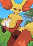  angry arm_under_breasts big_breasts bimp_10 bodily_fluids breasts cleavage clothed clothing delphox detailed_background dialogue english_text female fur generation_6_pokemon hi_res inner_ear_fluff looking_at_viewer nintendo outside pokemon pokemon_(species) red_body red_fur smile smiling_at_viewer smirk smirking_at_viewer solo sweat tail text tuft yellow_body yellow_fur 