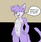  absurd_res anthro breasts dialogue domestic_cat english_text felid feline felis female fur genitals grape_jelly_(housepets!) hair hi_res housepets! mammal navel nipples nude open_mouth purple_body purple_fur purple_hair pussy rick_griffin small_breasts solo tail taro_bubbletea text 