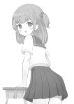  1girl blush desk from_behind greyscale highres looking_at_viewer medium_hair monochrome open_mouth original pleated_skirt school_desk school_uniform simple_background skirt solo tyakomes white_background 