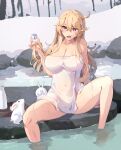 1girl alcohol bathing blonde_hair blue_eyes breasts cleavage collarbone covered_navel hair_between_eyes highres himeyamato iowa_(kancolle) kantai_collection long_hair looking_at_viewer messy_hair naked_towel onsen open_mouth outdoors rabbit sake sitting smile snow solo spread_legs star-shaped_pupils star_(symbol) symbol-shaped_pupils towel water 