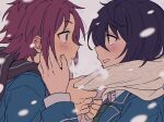  2boys black_hair brown_eyes ensemble_stars! eye_contact from_side green_eyes hair_between_eyes hand_on_another&#039;s_cheek hand_on_another&#039;s_face highres holding_another&#039;s_head isara_mao looking_at_another male_focus multiple_boys necktie niyororinpayamaru purple_hair sakuma_ritsu scarf scarf_tying short_hair snowing yaoi 