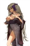  1girl amatsutsumi bare_legs bare_shoulders breasts breasts_out brown_hair commentary_request dark_nipples floral_print grey_hair grey_kimono hair_ribbon highres inverted_nipples japanese_clothes kimono koizuka_mana_(amatsutsumi) large_breasts long_hair nipples no_bra open_clothes open_kimono print_kimono puffy_nipples puk_(puk_2020) purple_ribbon ribbon sash side_ponytail signature solo thighs unaligned_breasts very_long_hair white_background 