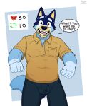  &lt;3 anthro bandit_heeler blue_body blue_fur bluey_(series) bulge canid canine canis detailed_bulge domestic_dog fur hi_res lewd_latte male mammal shared_reaction simple_background solo surprise yellow_body yellow_fur 
