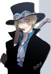  1boy absurdres artist_name ascot assault_rifle bad_id bad_pixiv_id black_hat blonde_hair closed_mouth dated fn_scar gloves goggles goggles_on_headwear grey_gloves gun hat highres lead_pipe long_sleeves male_focus nakumonaga_uma one_piece open_clothes rifle sabo_(one_piece) scar scar_across_eye scar_on_face short_hair smile solo top_hat unworn_eyewear weapon weapon_on_back white_ascot yellow_eyes 