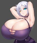  1girl absurdres aina_winchester armpits arms_up blue_eyes blush breasts choker cleavage dress heterochromia highres huge_breasts lips looking_at_viewer o-ring pockyland purple_dress shiny_skin short_hair simple_background skindentation solo standing sweat taimanin_(series) taimanin_asagi_kessen_arena taimanin_rpgx tight_clothes upper_body white_hair yellow_eyes 