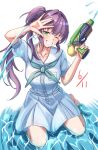  1girl ;d absurdres aqua_neckerchief breasts collarbone commentary dated dress finger_on_trigger flower full_body green_eyes grin hair_bun hair_flower hair_ornament hands_up hasu_no_sora_school_uniform highres holding holding_water_gun ixianim large_breasts link!_like!_love_live! long_hair looking_at_viewer love_live! medium_dress neckerchief one_eye_closed otomune_kozue pleated_dress purple_hair red_flower sailor_collar sailor_dress school_uniform see-through see-through_dress short_sleeves side_ponytail sidelocks single_side_bun sitting_on_water smile solo summer_uniform virtual_youtuber water water_gun wet wet_clothes wet_dress white_background white_dress white_sailor_collar 