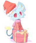  3_toes anthro blue_body blue_fur christmas christmas_clothing closed_smile clothing feet fur generation_4_pokemon gift holidays male neve_(plattyneko) nintendo pink_nose plattyneko pokemon pokemon_(species) red_eyes scarf shinx simple_background solo tail toes white_background 