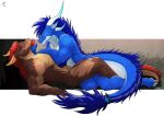  anthro blacktigerr blue_body blue_hair blue_scales brown_body brown_scales claws dragon duo eyes_closed facial_hair goatee hair hand_on_head horn long_hair long_horn looking_at_another male male/male nude pointed_tail red_hair scales tail 
