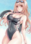 1girl black_choker black_one-piece_swimsuit blush breasts brown_hair choker cleavage competition_swimsuit covered_navel goddess_of_victory:_nikke goggles goggles_on_head groin highleg highleg_swimsuit highres large_breasts light_brown_hair long_hair looking_at_viewer official_alternate_costume one-piece_swimsuit rapi_(classic_vacation)_(nikke) rapi_(nikke) red_eyes school_swimsuit solo swimsuit thighs traditional_media two-tone_swimsuit yosaku_vs_hina 