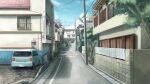  balcony bare_tree blue_sky building car cloud commentary_request day fence gate ground_vehicle highres kirin_(company) lamppost manatsu_no_yo_no_inmu motor_vehicle no_humans outdoors power_lines railing road scenery sign sky tree tyb_(inmu) utility_pole window 
