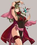  1girl absurdres breasts cape cleavage covered_navel dragonstone earrings fire_emblem fire_emblem_awakening fire_emblem_heroes gold_trim green_eyes green_hair groin highres jewelry long_hair looking_at_viewer medium_breasts one_eye_closed pelvic_curtain pointy_ears ponytail red_cape sakuremi see_through_shanghai smile solo thigh_strap thighs tiki_(adult)_(fire_emblem) tiki_(fire_emblem) 