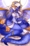  2022 anthro blue_body blue_scales blue_tail blue_wings breasts clothed clothing dragon female hair hi_res hogara horn looking_at_viewer midriff orange_wings reptile scales scalie skimpy solo tail western_dragon white_clothing white_hair wings 