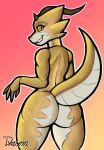  ambiguous_gender anthro big_butt butt butt_focus claws davynn hi_res horn humanoid kobold lizard looking_at_viewer looking_back nude pupils raised_tail rear_view reptile scales scalie shaded signature simple_background slit_pupils smile solo tail thick_tail thick_thighs wide_hips yellow_body yellow_scales yellow_skin 
