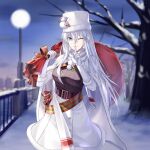  1girl absurdres azur_lane bag bangs belt black_sweater cape commentary cowboy_shot earmuffs english_commentary enterprise_(azur_lane) enterprise_(reindeer_master)_(azur_lane) fur-trimmed_cape fur-trimmed_gloves fur-trimmed_headwear fur-trimmed_skirt fur_trim gloves hair_between_eyes hat highres holding holding_bag index_finger_raised long_hair looking_at_viewer new_year official_alternate_costume one_eye_closed outdoors purple_eyes ribbed_sweater skirt smile snow snowman_hat_ornament solo standing stuffed_animal stuffed_reindeer stuffed_toy suprii sweater tree white_cape white_gloves white_hair white_headwear white_skirt 
