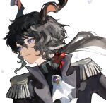  1boy animal_ears arknights ascot black_hair commentary_request crying ebenholz_(arknights) epaulettes from_side goat_boy goat_ears goat_horns hair_between_eyes highres horns long_hair male_focus ponytail portrait purple_eyes simple_background solo tears uniform white_ascot white_background yomo_(isaribinoumi) 
