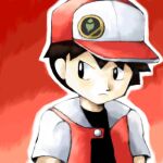  1boy badge baseball_cap black_eyes black_hair button_badge closed_mouth english_commentary frown hat leaf lowres male_focus outline pokemon pokemon_(game) pokemon_rgby red_(pokemon) red_headwear sailorclef short_hair short_sleeves solo sugimori_ken_(style) two-tone_headwear upper_body white_outline 