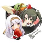  2girls anbutter_siruko banana brown_eyes chibi dark_green_hair dessert food fork fruit green_eyes hakama hakama_short_skirt hakama_skirt headband highres ice_cream japanese_clothes kantai_collection long_hair multiple_girls oversized_object red_hakama red_headband red_skirt shoukaku_(kancolle) simple_background skirt spoon strawberry tasuki twitter_username white_background white_hair zuikaku_(kancolle) 