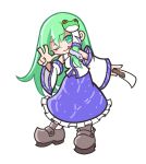  1girl ;p bangs blue_skirt brown_footwear collared_shirt detached_sleeves dot_nose frilled_skirt frills full_body gohei green_eyes green_hair hair_between_eyes hair_ornament hair_tubes hand_up head_tilt kochiya_sanae loafers long_hair long_skirt looking_at_viewer navel nontraditional_miko one_eye_closed outstretched_arm parody partially_unbuttoned puyopuyo salute shinmon_akika shirt shoes simple_background single_sidelock skirt sleeveless sleeveless_shirt snake_hair_ornament socks solo standing straight_hair style_parody tongue tongue_out touhou two-finger_salute very_long_hair white_background white_shirt white_socks wide_sleeves 