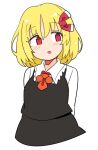  1girl black_skirt black_vest blonde_hair blush collared_shirt fang hair_ribbon ini_(inunabe00) long_sleeves open_mouth red_eyes red_ribbon ribbon rumia shirt short_hair simple_background skin_fang skirt solo touhou upper_body vest white_background white_shirt 