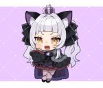 1girl :3 :d animal_ears bangs black_dress black_footwear blunt_bangs blush_stickers cat_ears chibi dress full_body grey_hair grey_pantyhose hololive long_sleeves looking_at_viewer murasaki_shion noi_mine pantyhose shoes smile solo twintails v-shaped_eyebrows yellow_eyes 
