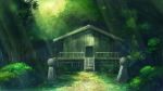  building bush commentary_request dappled_sunlight day flower forest grass highres light_rays nature no_humans original outdoors overgrown path red_flower rural scenery shrine stairs sunbeam sunlight tree tyb_(inmu) wooden_floor 
