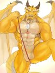  2022 abs animal_genitalia anthro black_horn dragon front_view genital_slit genitals hi_res horn male muscular muscular_anthro muscular_male navel one_eye_closed pecs salz_sop scales scalie slit wings wink yellow_body yellow_scales yellow_wings 