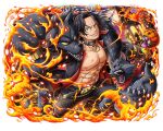  abs animal black_hair coat collar dog fire jack-o&#039;-lantern looking_at_viewer official_art one_piece one_piece_treasure_cruise open_clothes open_coat pants portgas_d._ace 