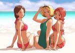  3girls absurdres beach bikini blonde_hair breasts brown_hair cloud commentary_request day eyewear_on_head frau_bow from_behind green_one-piece_swimsuit gundam hand_on_eyewear highres looking_at_viewer looking_back mirai_yashima mobile_suit_gundam multiple_girls ocean one-piece_swimsuit open_mouth outdoors parted_lips pink_bikini red_bikini sayla_mass short_hair sitting small_breasts smile sunglasses swimsuit teikoku_jokyoku 
