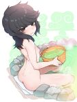  1girl ass black_eyes black_hair blush breasts copyright_request holding looking_at_viewer medium_hair nude okitaima onsen ribs sitting small_breasts solo spine steam washpan water wet 