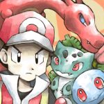  1boy baseball_cap black_eyes black_hair blue_eyes bright_pupils charizard claws closed_mouth dragon english_commentary fang fang_out frown hat high_collar ivysaur looking_at_viewer poke_ball poke_ball_(basic) pokemon pokemon_(creature) pokemon_(game) pokemon_frlg red_(pokemon) red_headwear sailorclef short_hair smile squirtle sugimori_ken_(style) super_smash_bros. turtle two-tone_headwear white_headwear white_pupils 