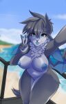  anthro bat bat_wings beach bent_over big_ears blue_nipples blue_tongue day female fur gesture grey_body grey_fur grey_hair hair hi_res mammal membrane_(anatomy) membranous_wings mocha-wing neck_tuft nipples nude outside sand sea seaside selfie sky solo taking_selfie tongue tongue_out tuft v_sign water wings 