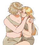  2girls arm_around_shoulder bare_shoulders blonde_hair blush breasts brown_skirt brown_tank_top commentary crop_top dungeon_meshi elf english_commentary face-to-face falin_touden falin_touden_(tallman) green_eyes hand_on_another's_cheek hand_on_another's_face highres im_vess large_breasts long_hair marcille_donato matching_outfits multiple_girls pointy_ears short_hair simple_background skirt tank_top twitter_username white_background yuri 