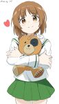  1girl absurdres bandages bandaid bangs black_neckerchief blouse boko_(girls_und_panzer) brown_eyes brown_hair closed_mouth commentary cowboy_shot cynical_(llcbluckg_c004) girls_und_panzer green_skirt heart highres holding holding_stuffed_toy light_blush long_sleeves looking_at_viewer miniskirt neckerchief nishizumi_miho ooarai_school_uniform pleated_skirt sailor_collar school_uniform serafuku shirt short_hair simple_background skirt smile solo standing stuffed_animal stuffed_toy teddy_bear twitter_username white_background white_sailor_collar white_shirt 