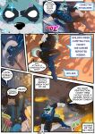 anthro boots bulge butt canid canine canis civilian claws cobalt_beast comic construction_site crisis crisis_ch1 dialogue english_text explosion hero jumping latex male mammal mask muscular samaraka solo static_electricity superhero superhero_landing tail text wolf