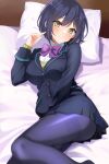  1girl absurdres blazer blue_hair highres jacket kurosawa_shouichi lying mole mole_under_eye nijisanji on_back on_bed pantyhose pillow pleated_skirt school_uniform shizuka_rin short_hair skirt smile solo virtual_youtuber yellow_eyes 