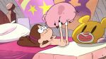  bed blush blush_stickers brown_hair casual_nudity disney domestic_pig duo female furniture genitals gravity_falls hair hi_res human mabel_pines male male/female mammal nude on_bed poster pussy smile suid suina sus_(pig) waddles_(gravity_falls) young 