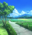 blue_sky cloud commentary_request day fence field flower grass highres lamppost mountainous_horizon no_humans original outdoors red_flower road rock rural scenery sky summer town tree tyb_(inmu) 