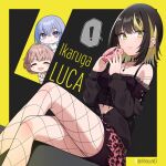  ! 1girl 3girls animal_print black_jacket black_shirt blush character_name cometik_(idolmaster) cropped_shirt crossed_legs dark_hound_3 doughnut eating feet_out_of_frame fishnet_pantyhose fishnets food highres holding holding_food idolmaster idolmaster_shiny_colors ikaruga_luca ikuta_haruki jacket leopard_print looking_at_another looking_at_viewer multiple_girls off-shoulder_shirt off_shoulder pantyhose peeking_out shirt sitting solo solo_focus spoken_exclamation_mark suzuki_hana 
