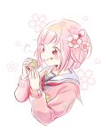  1girl bangs cardigan commentary_request eating flower food food_on_face hair_flower hair_ornament highres holding holding_food miyamasuzaka_girls&#039;_academy_school_uniform momomo_(m0_3) neck_ribbon ootori_emu pink_cardigan pink_eyes pink_hair project_sekai red_ribbon ribbon sailor_collar school_uniform short_hair solo upper_body white_background 