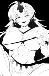  1girl abs blush breasts clothes_pull commentary highres horns hoshiguma_yuugi large_breasts long_hair looking_at_viewer mizuga monochrome muscular muscular_female navel oni_horns open_mouth pulled_by_self sharp_teeth shirt_pull single_horn skirt solo star_(symbol) sweatdrop symbol-only_commentary teeth touhou underboob upper_body 