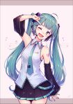  1girl armpits bangs blunt_bangs blush breasts gogatsu_no_renkyuu green_eyes green_hair hatsune_miku highres kneehighs long_hair miniskirt musical_note one_eye_closed simple_background skirt sleeveless small_breasts smile socks twintails vocaloid white_background 