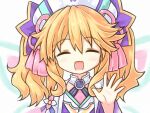  1girl blonde_hair blush bow bowtie closed_eyes dress hair_between_eyes happy histoire jacket long_hair long_sleeves looking_at_viewer neptune_(series) novus_rue open_mouth purple_dress smile solo twintails upper_body 