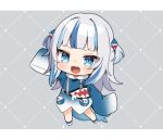  1girl :3 :d blue_eyes blue_footwear blue_hoodie blush chibi fang full_body gawr_gura grey_hair hand_up hololive hololive_english hood hood_down hoodie long_hair long_sleeves looking_at_viewer multicolored_hair noi_mine skin_fang sleeves_past_fingers sleeves_past_wrists smile solo streaked_hair 