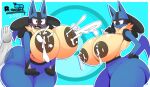  anthro big_breasts blush bodily_fluids breasts canid canine doctor female female/female fur generation_4_pokemon hi_res lucario mammal nintendo nipples nude pokemon pokemon_(species) simple_background solo thiccbuns 